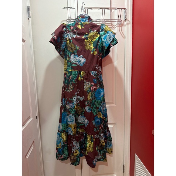 NWT Tuckernuck Merlot Sharp Floral Dress Burgundy Blue Ruffle Sleeve Midi M - Picture 3 of 10